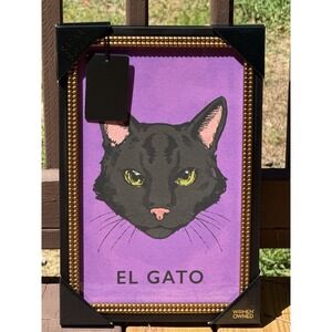NEW El Gato 56 Framed Black Cat Mexican Art Print Sapna Shah 12x18 Gold Purple